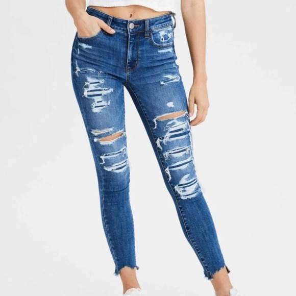 AMERICAN Eagle Dark Wash Jegging Crop Mid Rise Skinny distressed Jeans  Size 0 - Picture 1 of 12